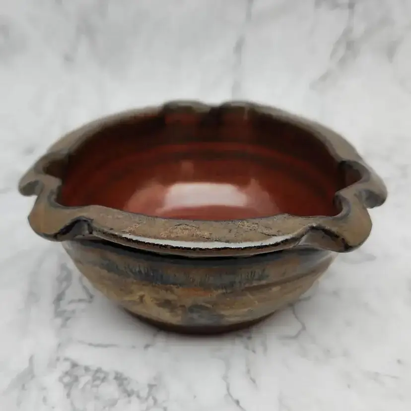Redware Glazed Bowel, Ruffles, Brown, Red, Signed