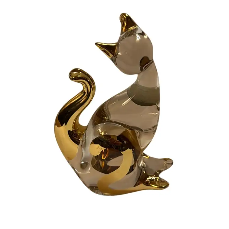 Murano Vintage Art Glass Gold Overlay Clear Cat Paperweight Figurine - Original Sticker - 5”