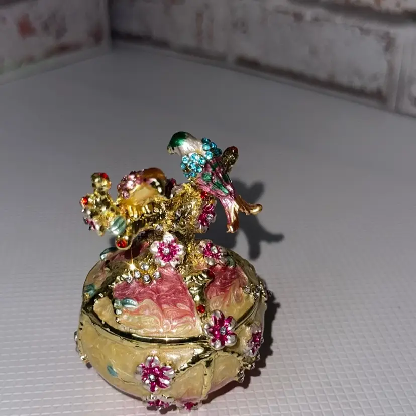 Metal Floral Trinket Box with animal birds on , flowers, and Rhystones