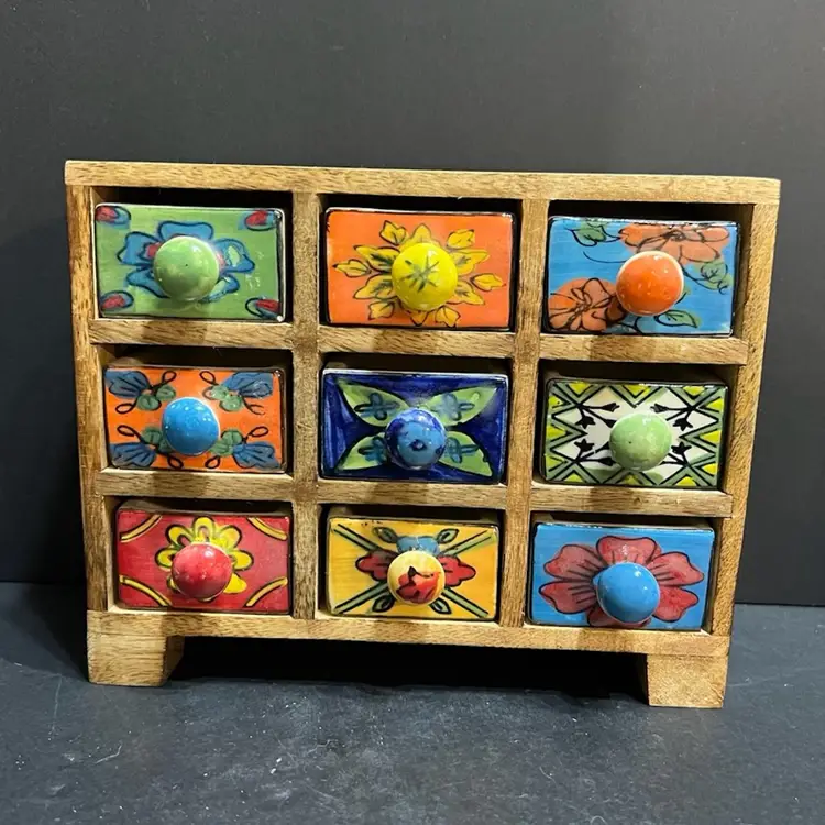 Vintage Wooden 9 Floral Porcelain Spice Drawer Apothecary Cabinet , India ~6.25” x 3.25” x 7.75”