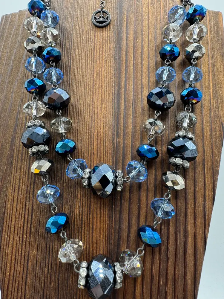 # 51 Crown Trifari Blue Faceted Glass Bead & Rhinestone Double Stranded Necklace