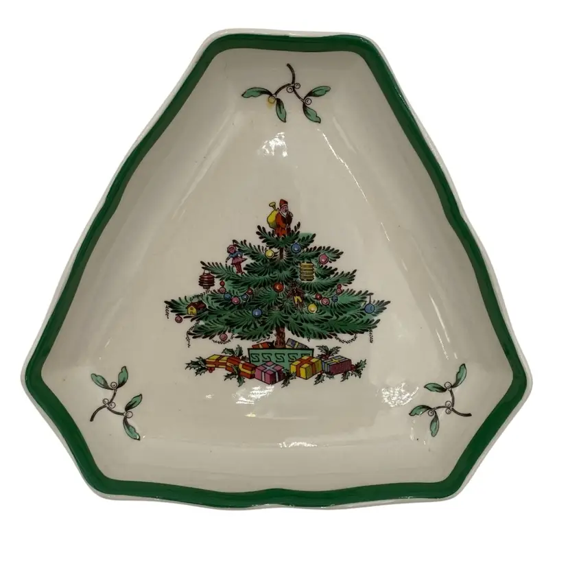 Vintage (1987) Spode (England) Christmas Tree - Green Trim Triangular Tray, 5.25"