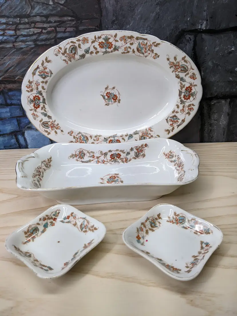 Austria Platter Celery Dish 2 Butter Pats Lot Springer ElBogen Antique Flowers