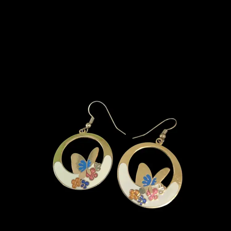 Vintage Goldtone Round Open Work Enamel Cloisonné Dangle Butterfly Pierced Hook Earrings. Not Signed.