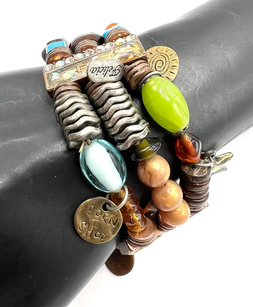 Vintage Boho Bead Stretch Bracelet, Orange Beads Metal Dangles, 3 Strands Beads, Boho Colorful Glass Stretch Bracelet