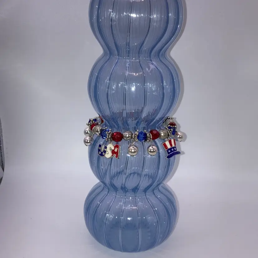 Patriotic Bracelet On A Bubbled Blue Glass Vase!  Made By Me! 8 1/2” Tall!