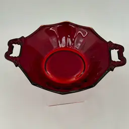Vintage Depression Glass Martinsville Red Amberina 10 Sided Double Handled Bowl Has Some Glow. No Makers Mark Rare Pice