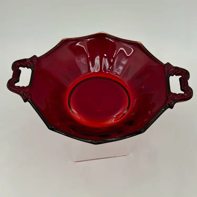 Vintage Depression Glass Martinsville Red Amberina 10 Sided Double Handled Bowl Has Some Glow. No Makers Mark Rare Pice