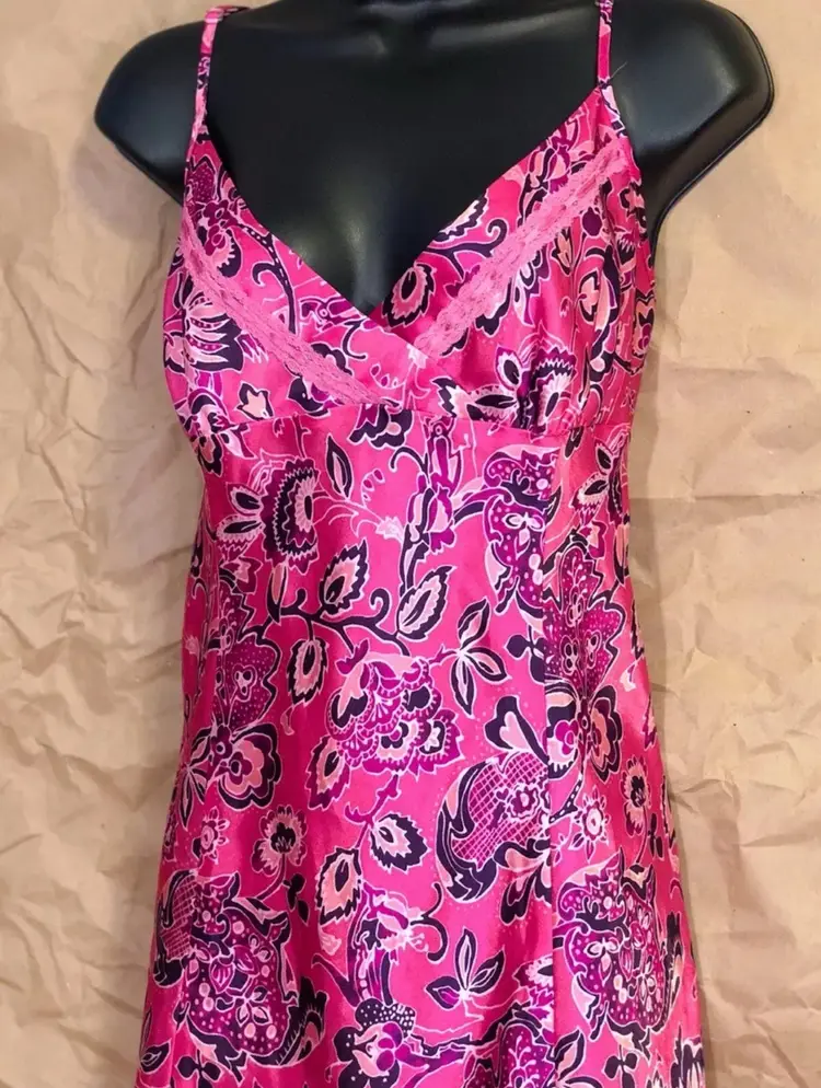 Women’s Vintage Morgan Taylor Intimates Pink Purple Satin Paisley Rare Romantic Slip Mini Dress US Size XL