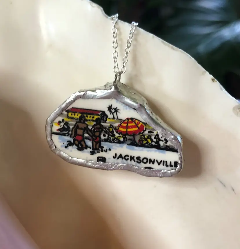Oodelally Shop Broken Pottery Artisan Made Jacksonville Pendant Florida Collectors Plate Handcrafted Necklace 1.5in x 1in