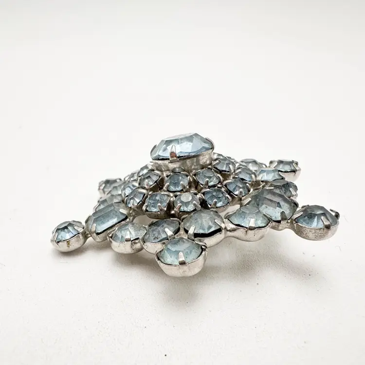 Icy Blue Rhinestone Snowflake Brooch Silver Tone Replaced Pin 2"D