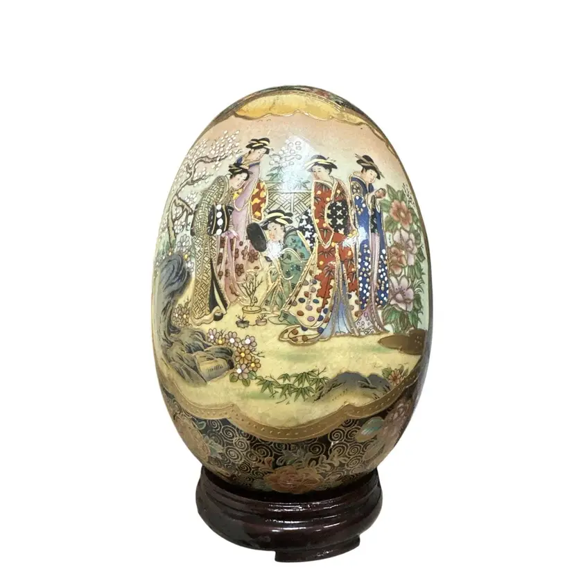 Vintage Cloisonné Ceramic Egg - Floral Geisha with Wooden Base