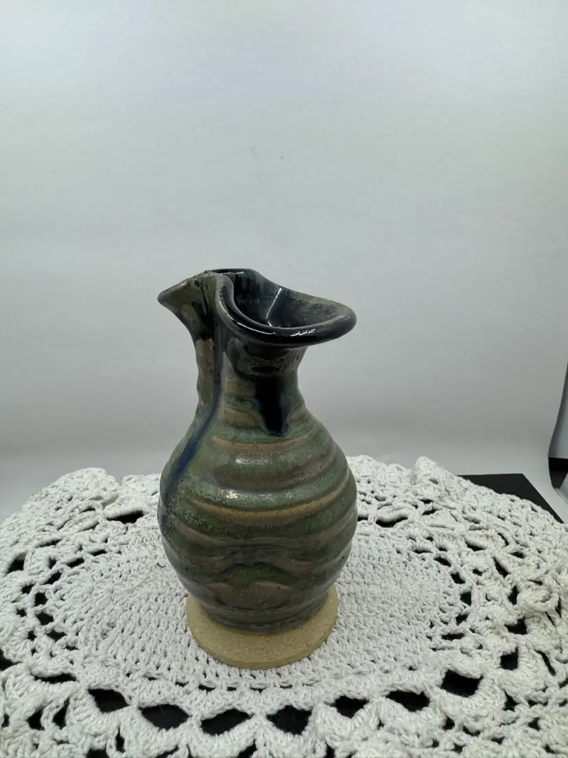 Studio Pottery Vessel With Spout With Green And Blue, 4.75”