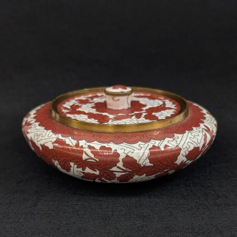 Vintage Chinese Cloisonne Lidded Trinket Bowl Enamel Red Floral Leaves AS IS