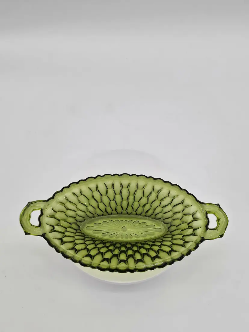 Vintage 1960s Indiana Glass Avocado Green Honeycomb Oval Pickle Dish Handles