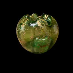 40. Vintage blown Bohemian Glass hand enameled Green Rose Bowl Gold decoration