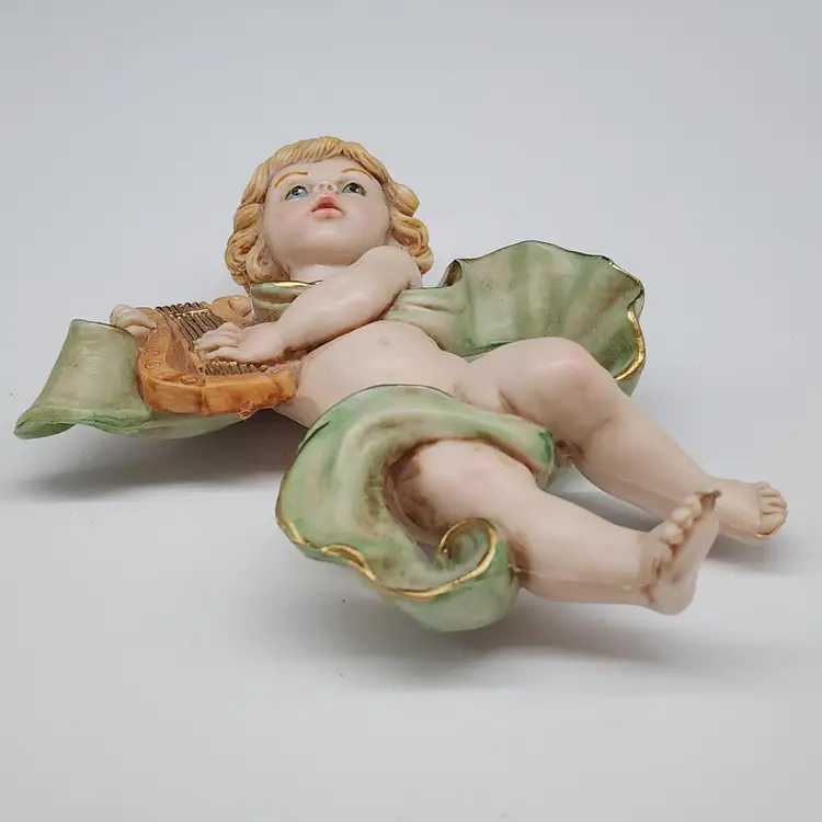 Vintage Italy Belli Angel Playing Harp Figurine 6" Colorful Pastel Blue Eyes 1998