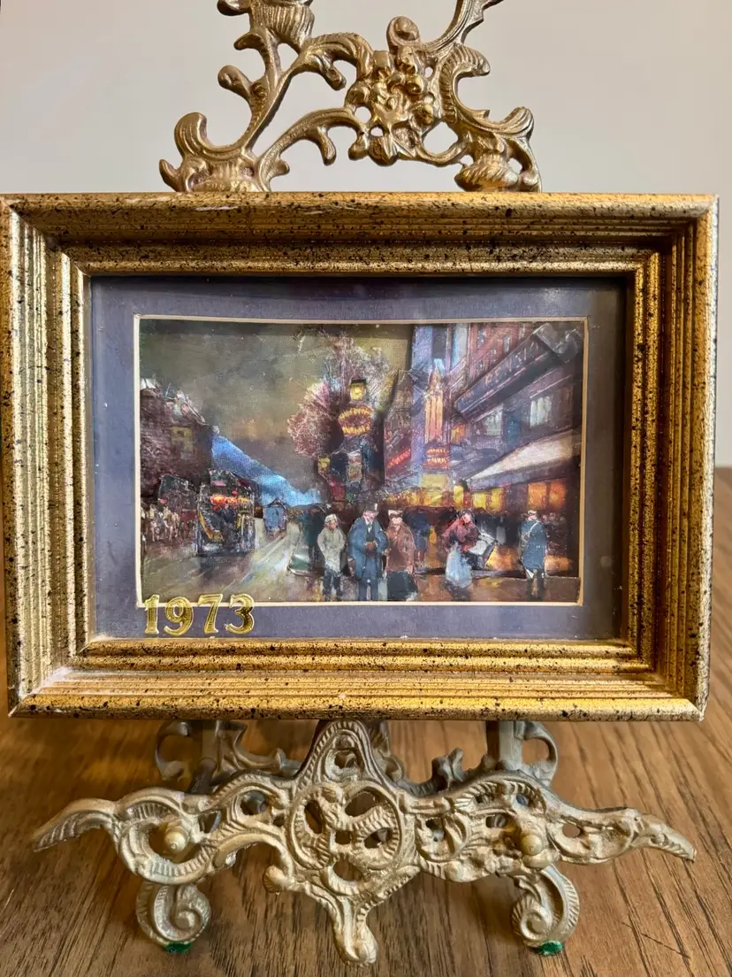 6” tall 8”wide iridescent framed 3D art piece, city scene w/blue matt.