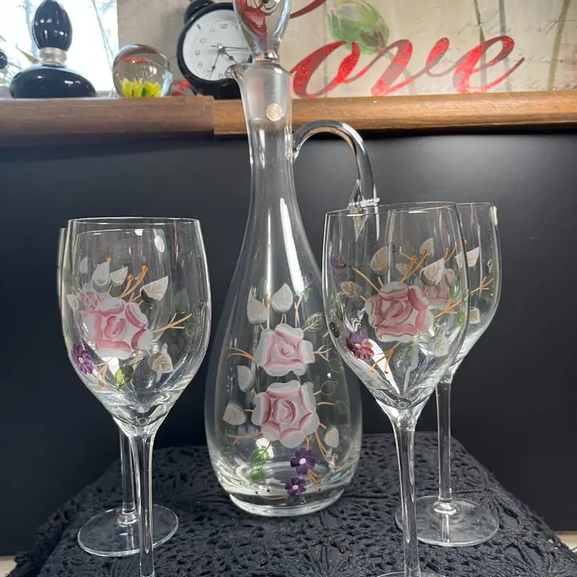 Romanian Crystal Decanter w/ Handle, Stopper is Intact. 4 Gorgeous Crystal Goblets. Hand Painted Beautiful Floral Pattern