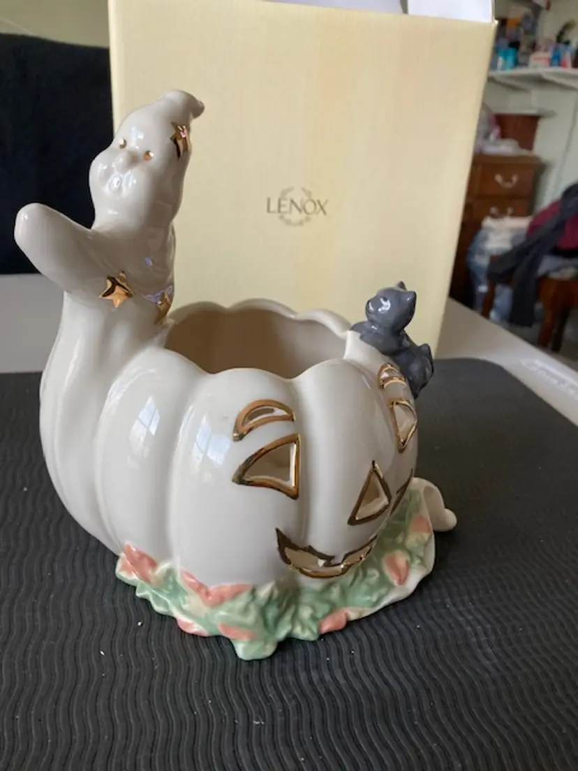 LENOX Occasions Halloween Ghost With Pumpkin Black Cat Votive Holder NIB