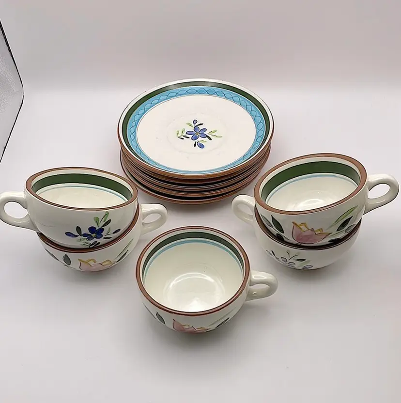 Stangl Pottery, Trenton, NJ, (5) Cups and Saucers, “Country Garden” Pattern