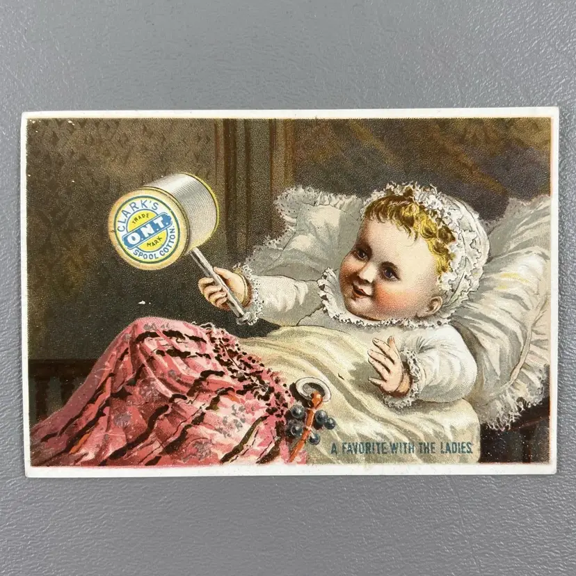Victorian Trade Card Clark's Spool Cotton Thread Baby Spool Thread Pink Blanket 4.75x3"