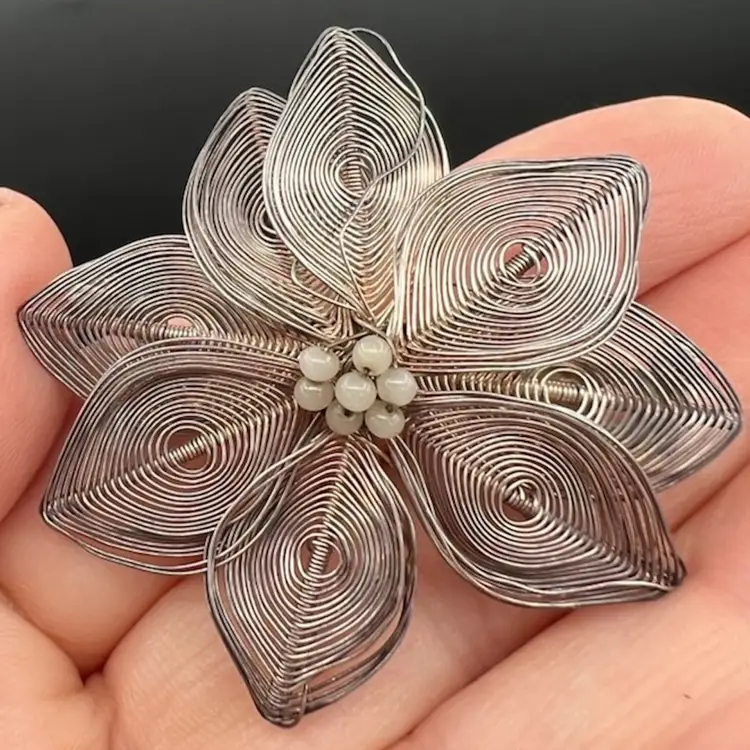 Sterling Silver Spun Wire Flower Brooch With Faux Pearls