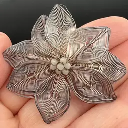 Sterling Silver Spun Wire Flower Brooch With Faux Pearls