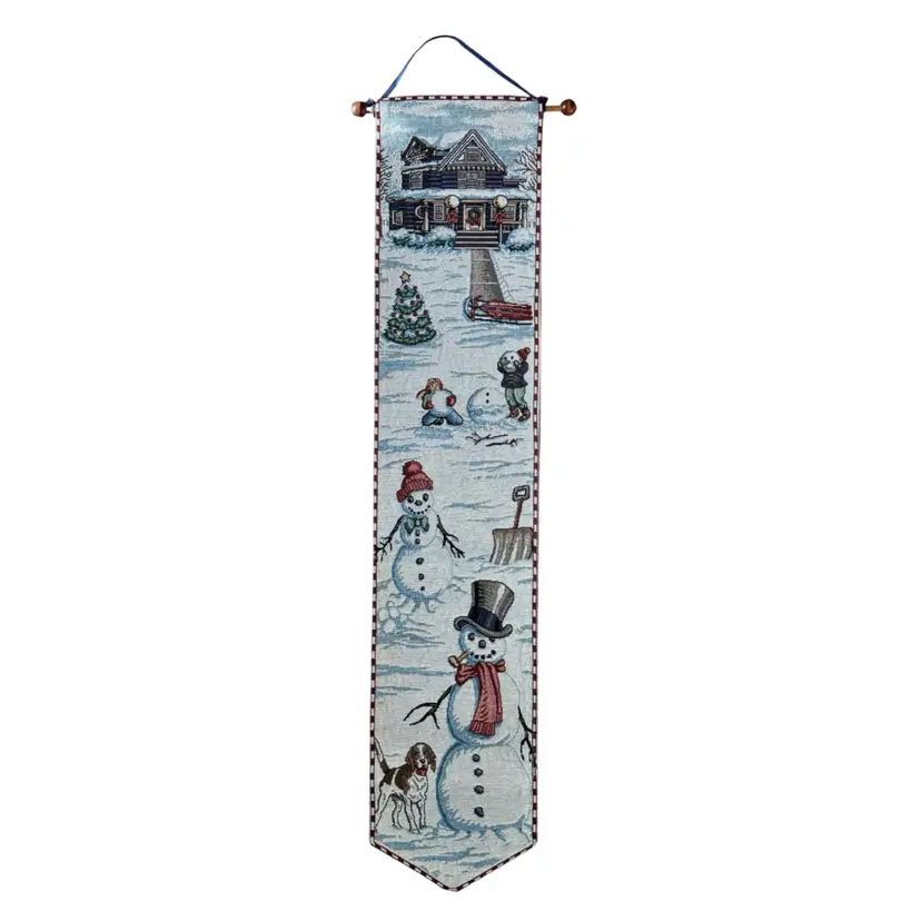 Vintage Embroidered Tapestry Wall Hang | WINTER CHRISTMAS LANDSCAPE Snowman