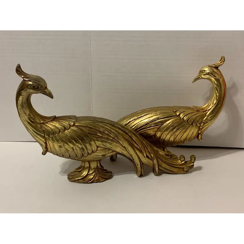 Hollywood Regency Syroco Gold Tone Resin Peacock Pair - 11” Long