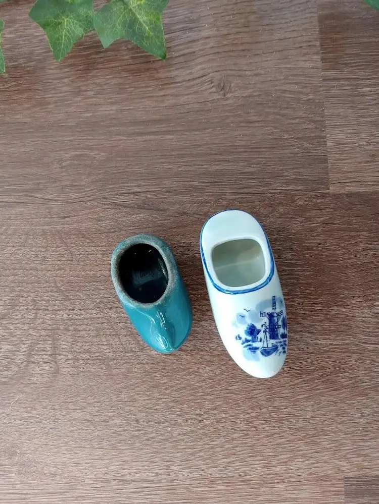 Set of 2 Blue Miniature Dutch Shoes Clogs One is Enesco, one is Unmarked and Art Pottery