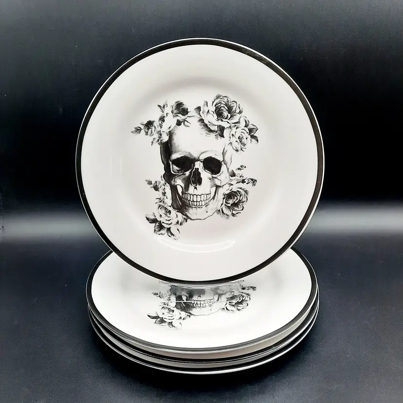 Ciroa Wicked Floral Skull Salad Luncheon Plates Black & White Set of 4