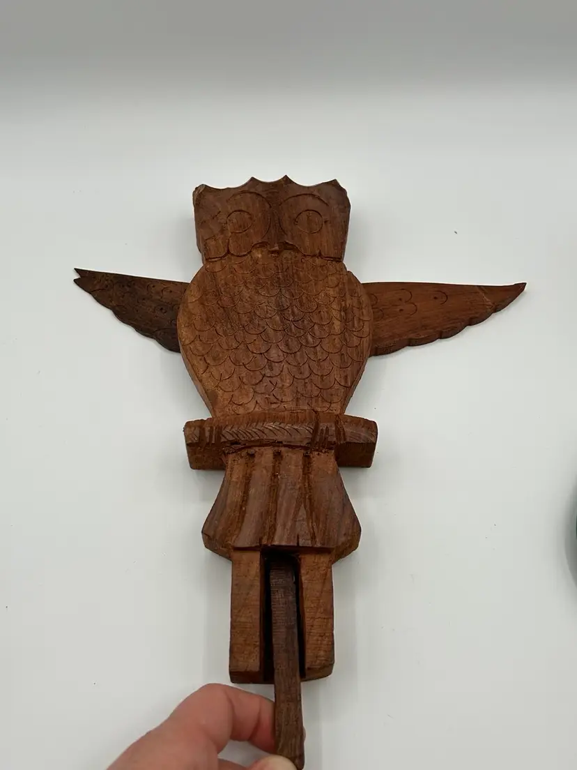 Carved Wood Owl Hook Moving Wings Folk Art Vintage Primitive Wall Decor 11" Tall