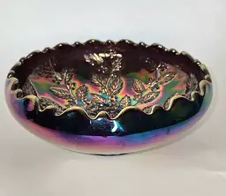 Fenton Carnival Glass Bowl Amethyst Scalloped Rim Holly Pattern Vintage 1970-1979