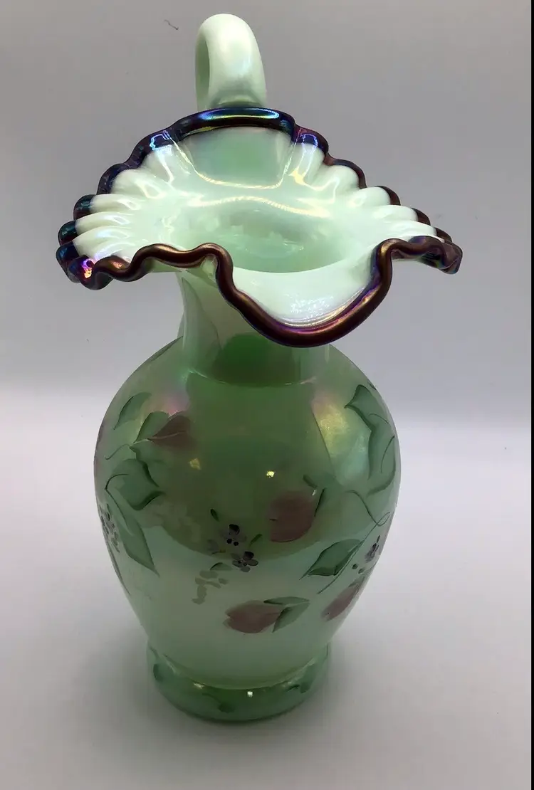 Fenton Hand Painted Green Opalescent Pitcher Floral Design Ruffled Edge Signed 10”