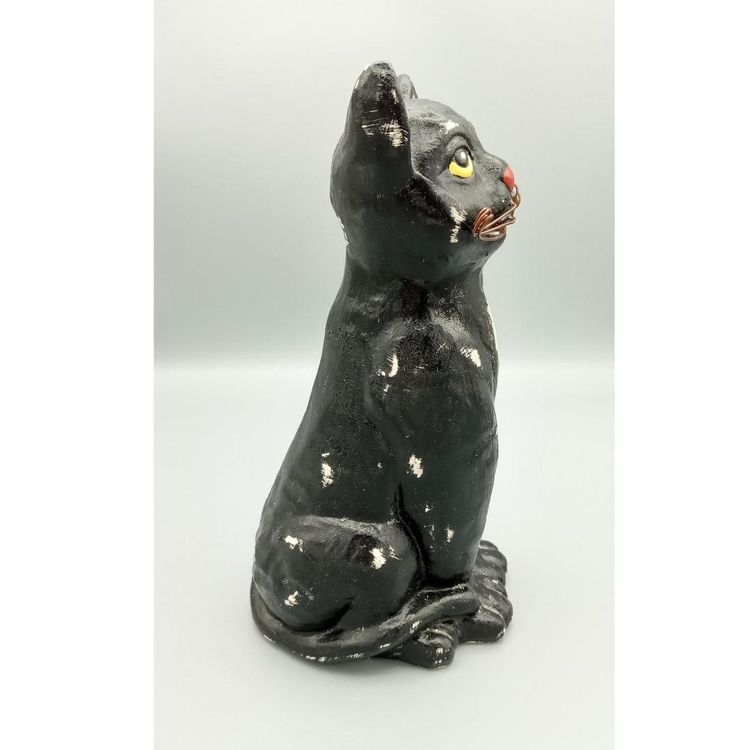 #108 - Folk Art Distressed Hand Painted Clay Black Cat Figurine Wire Whiskers
