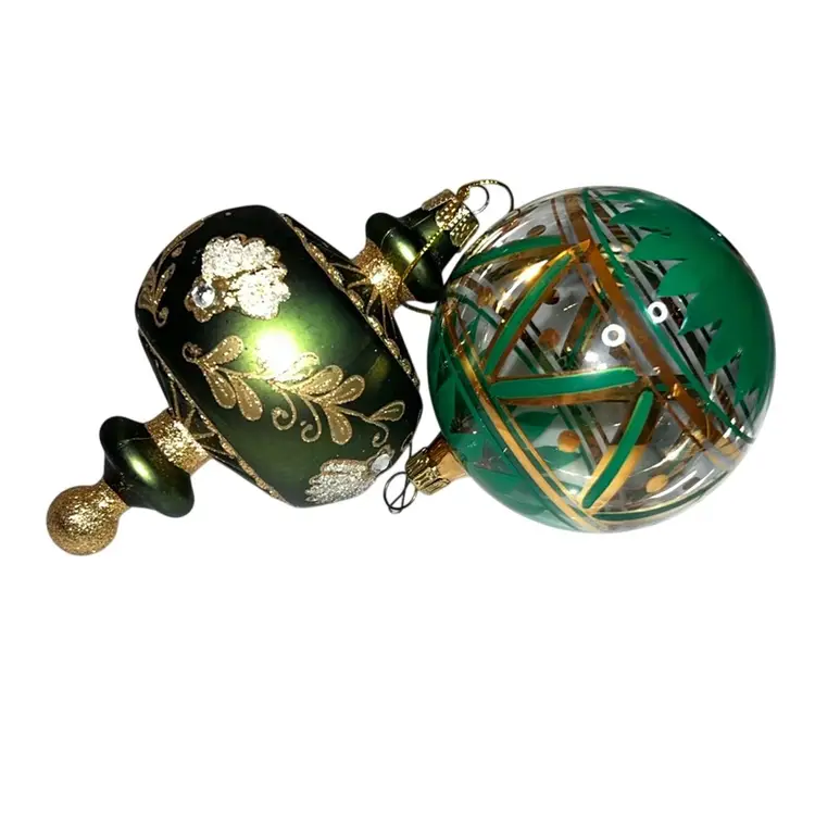 Two Green Glass Christmas Ornaments One Round One Finial