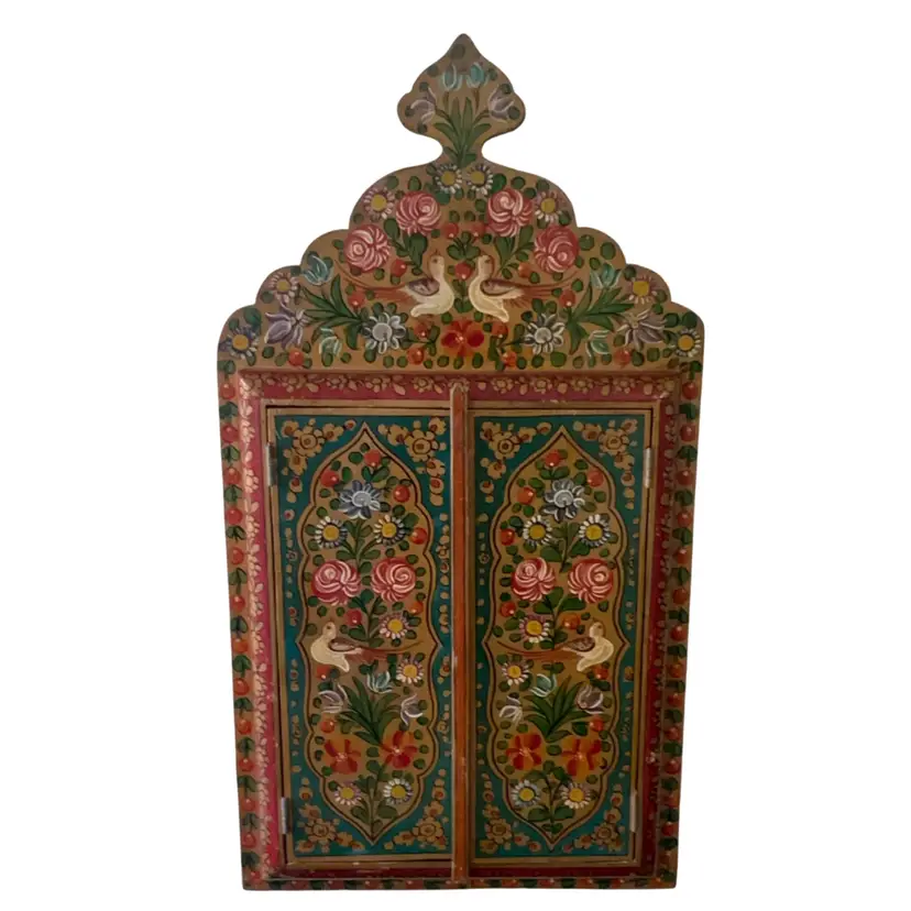Vintage Moroccan Wall Mirror with Doors Hand Painted Arabesque Decor 12.5” x 23.25”