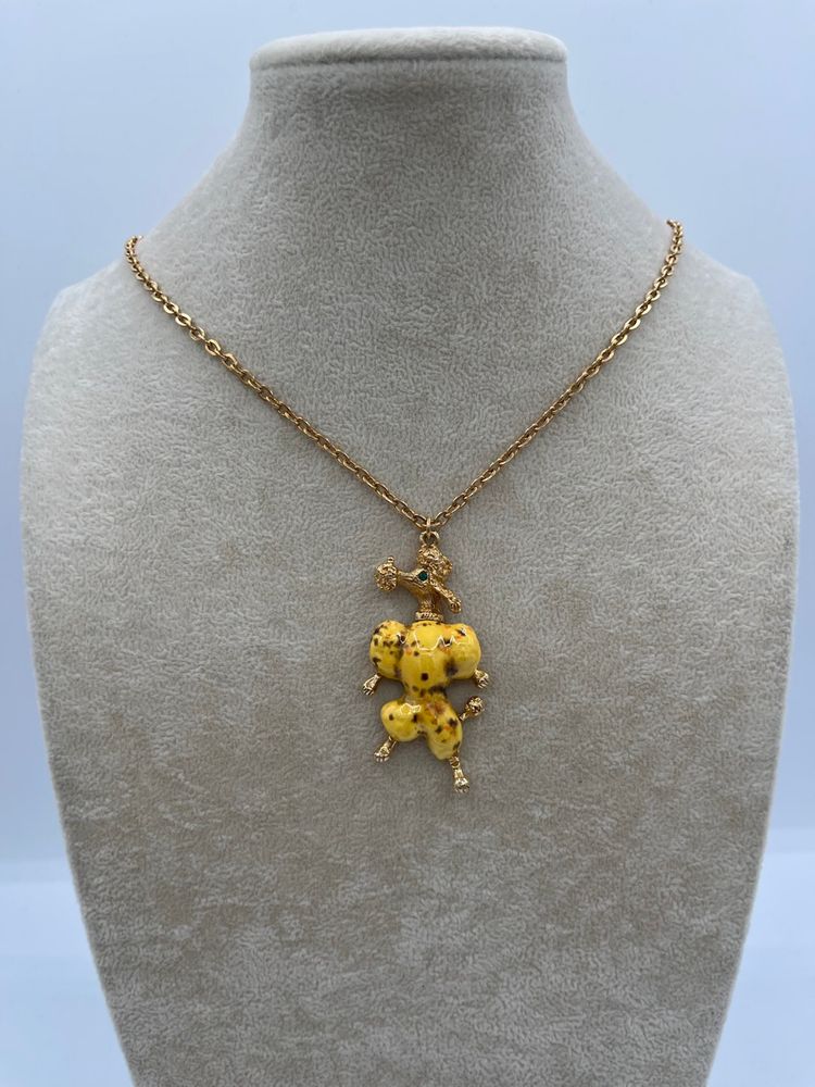 Vintage Ceramic Yellow Enamel Poodle Dog Pendant Necklace - Gold Tone Chain Green Rhinestone Eye - Kitsch