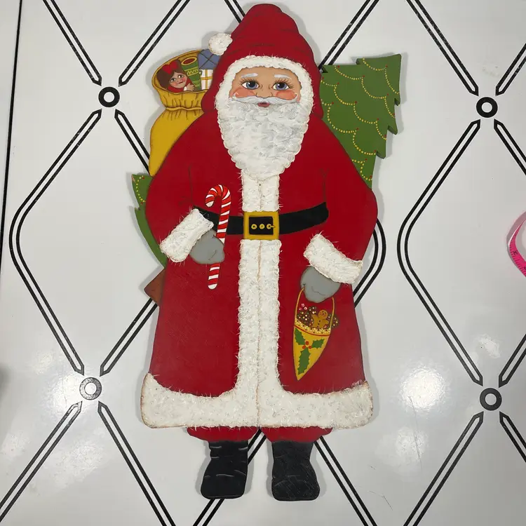 Vintage Hand Painted Wooden Wall Art Santa Christmas Decor Folk Art USA