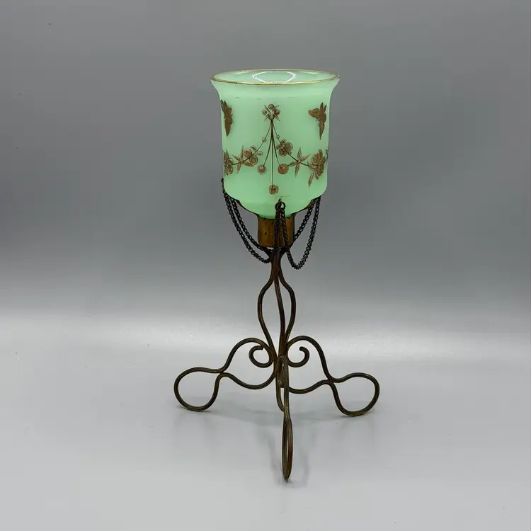 Antique Uranium Green Opaline Glass Footed Pedestal Votive Wire Stand Hand Painted Gold Tone Butterflies Leaf Berry Swag Chain