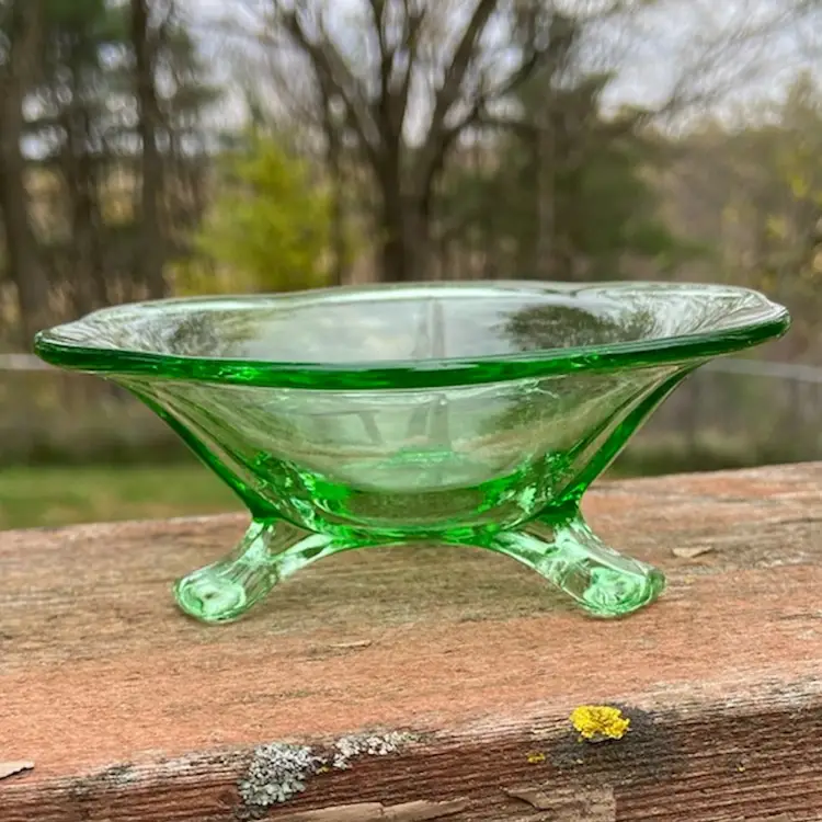 Three-footed Uranium Glass Dish. 4.5”w x 1 5/8”h.