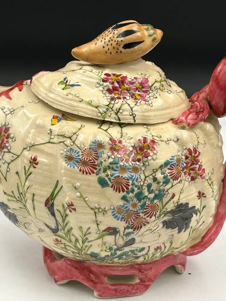 Vintage Japanese Hand painted Teapot, Cranes And Floral Design, Shell Knob, And Twisted Handle