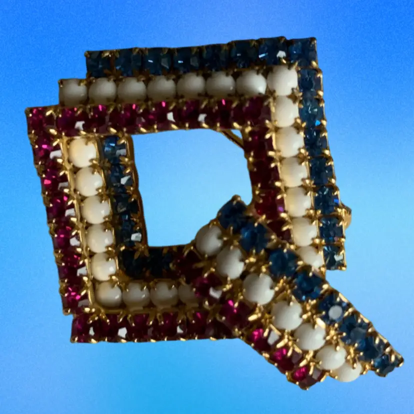 Vintage Red And Blue Crystals, White Milk Glass  Dimensional , Diamond Shape Broach