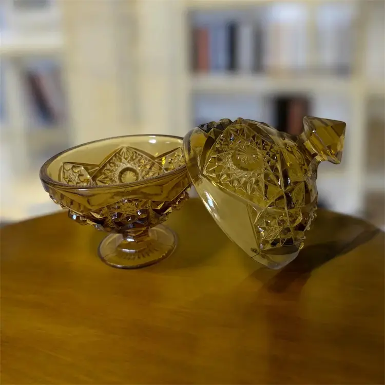 Vintage Amber Glass Kemple Wheaton Hobstar & Fan Compote Candy Dish w/ Lid