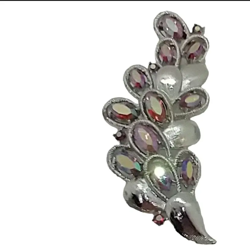 Vintage pink aurora borealis leaf brooch silver tone SOME DISCOLORATION