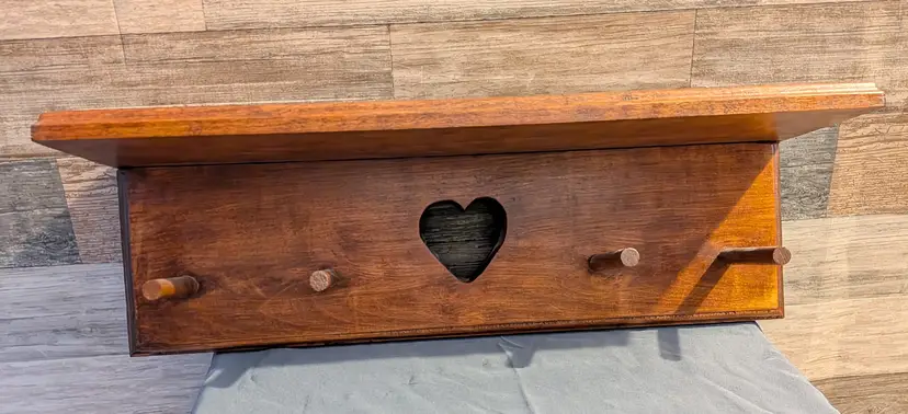 Vintage Wooden Heart Shelf with 4 peg hangers