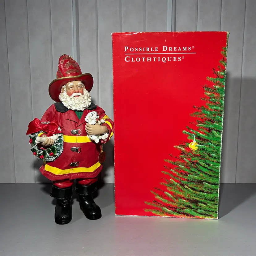 Clothtique Possible Dreams Santa A Welcome Visit Firefighter Dalmatian Great condition. With box.