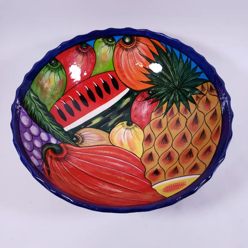 SIGNED Mexican Folk Art Hand Painted Talavera Style Terracotta LARGE FRUIT BOWL