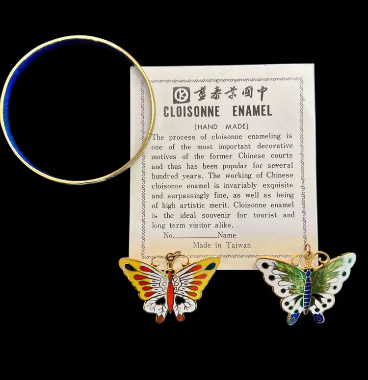 Vintage Cloisonne Multi Color 2- Butterflies & Bracelet Set Original Box & Paper #A-18
